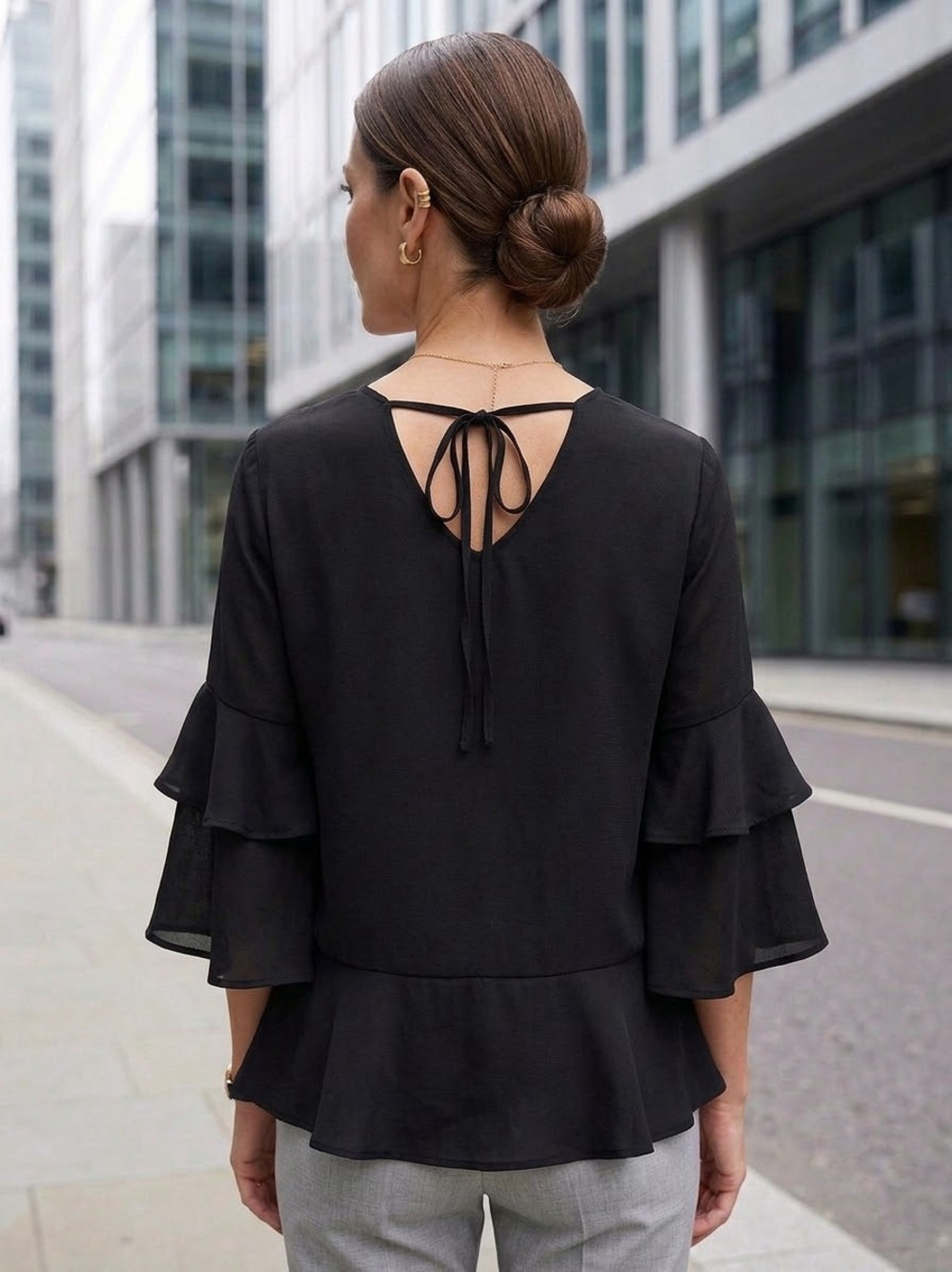Ann Taylor Black Ruffle-Sleeve Professional Blouse Keyhole Back Tie Size XL